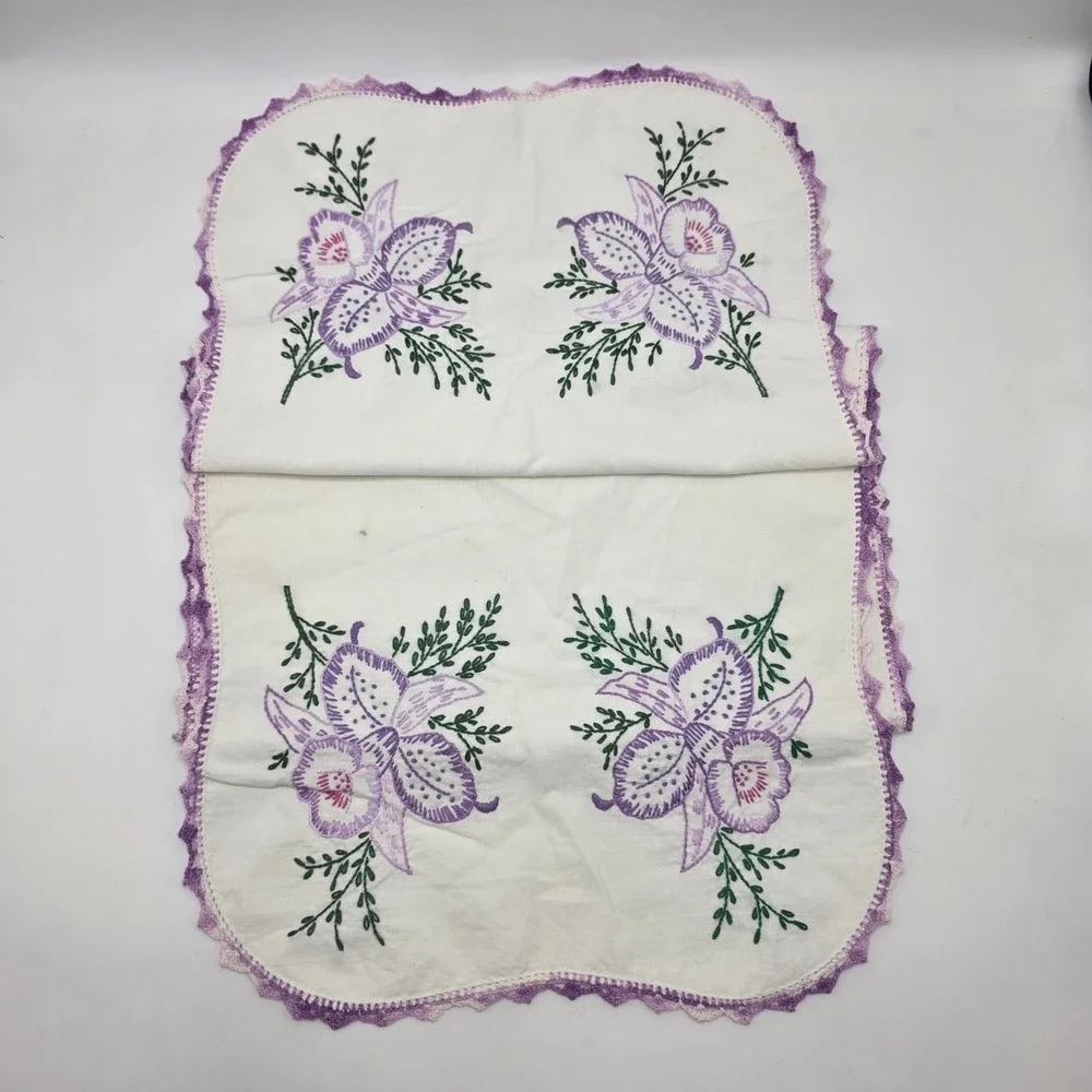 Vintage Hand Embroidered Dresser Scarf Purple Orchid Crochet Edge Table Runner